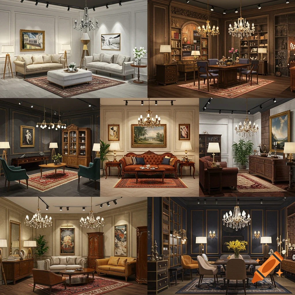 A grid of luxurious classical interior room scenes featuring opulent furniture and decor.