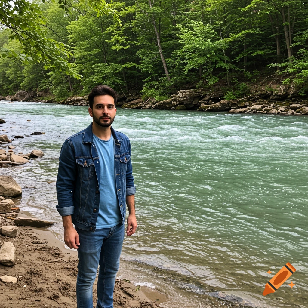 A man stands by the shore of a fast-flowing river in a forest.