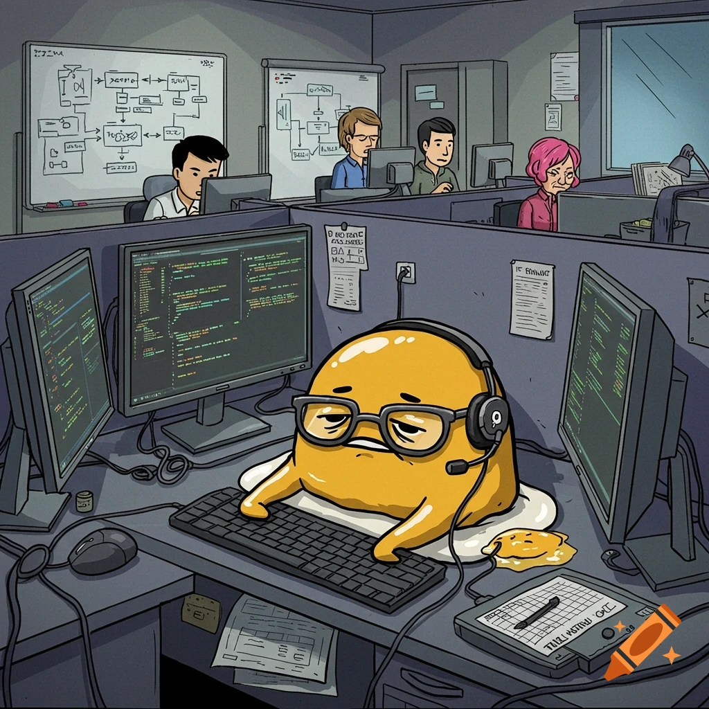 Cartoon of Gudetama wearing a headset and typing at a computer in a busy office cubicle with other workers.