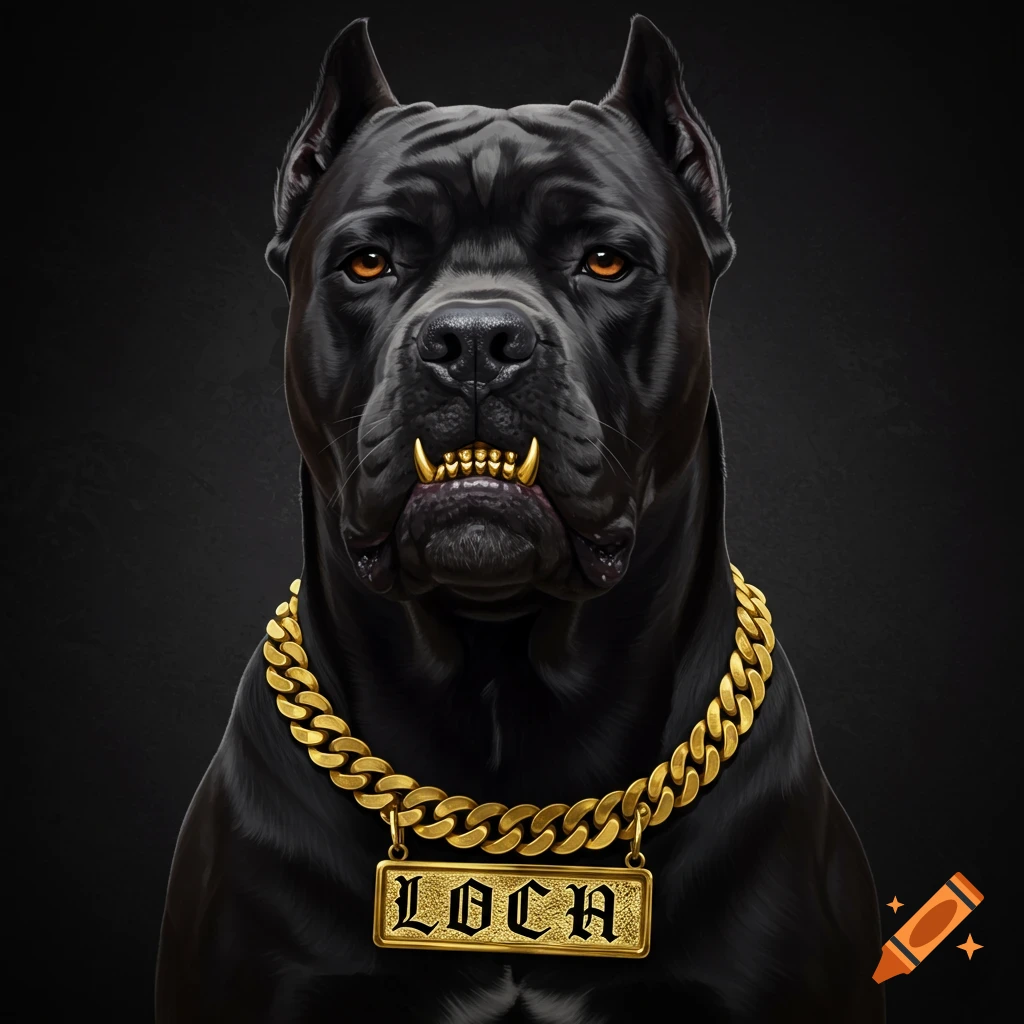 Stylized portrait of a black Cane Corso dog with gold grillz and a gold chain nameplate.
