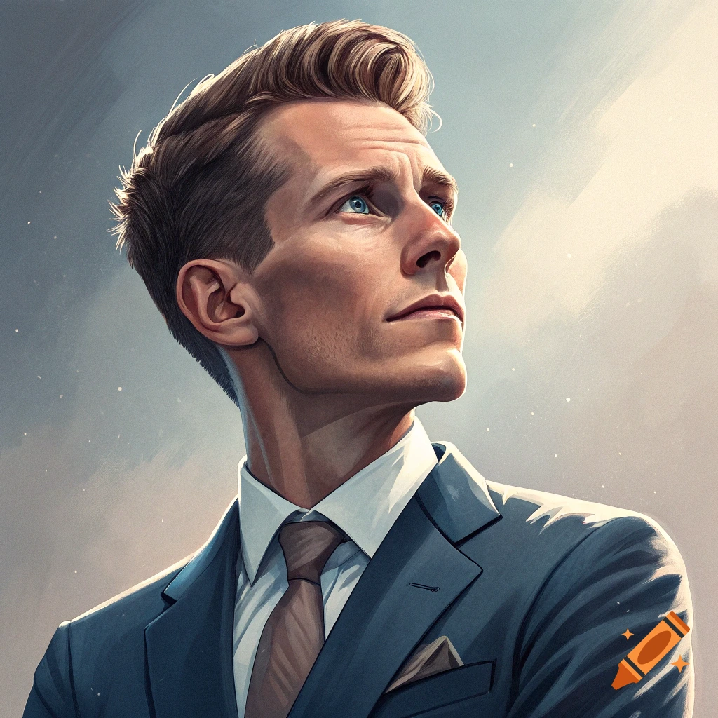 Illustration portrait of a man in a suit looking upwards