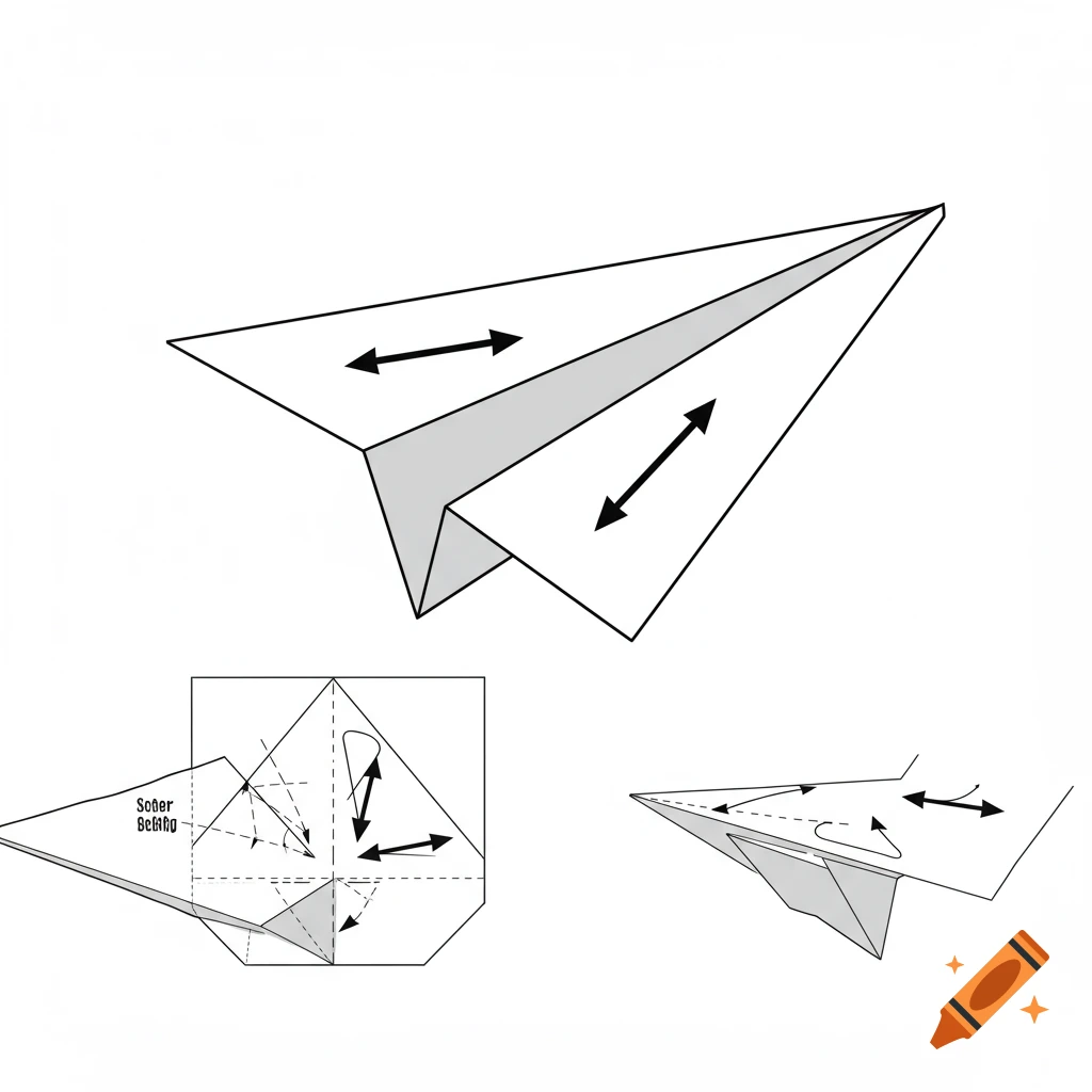 Diagrams illustrating the steps to fold a paper airplane.