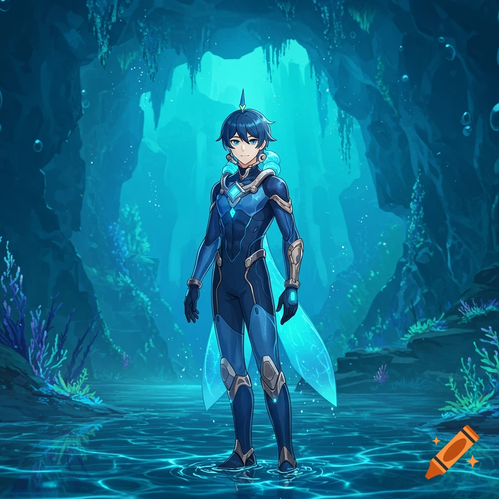Anime character in a blue water suit stands in shallow water inside a glowing blue cave.