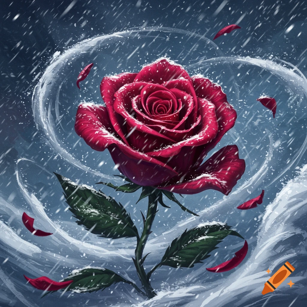 A red rose is surrounded by snow and wind