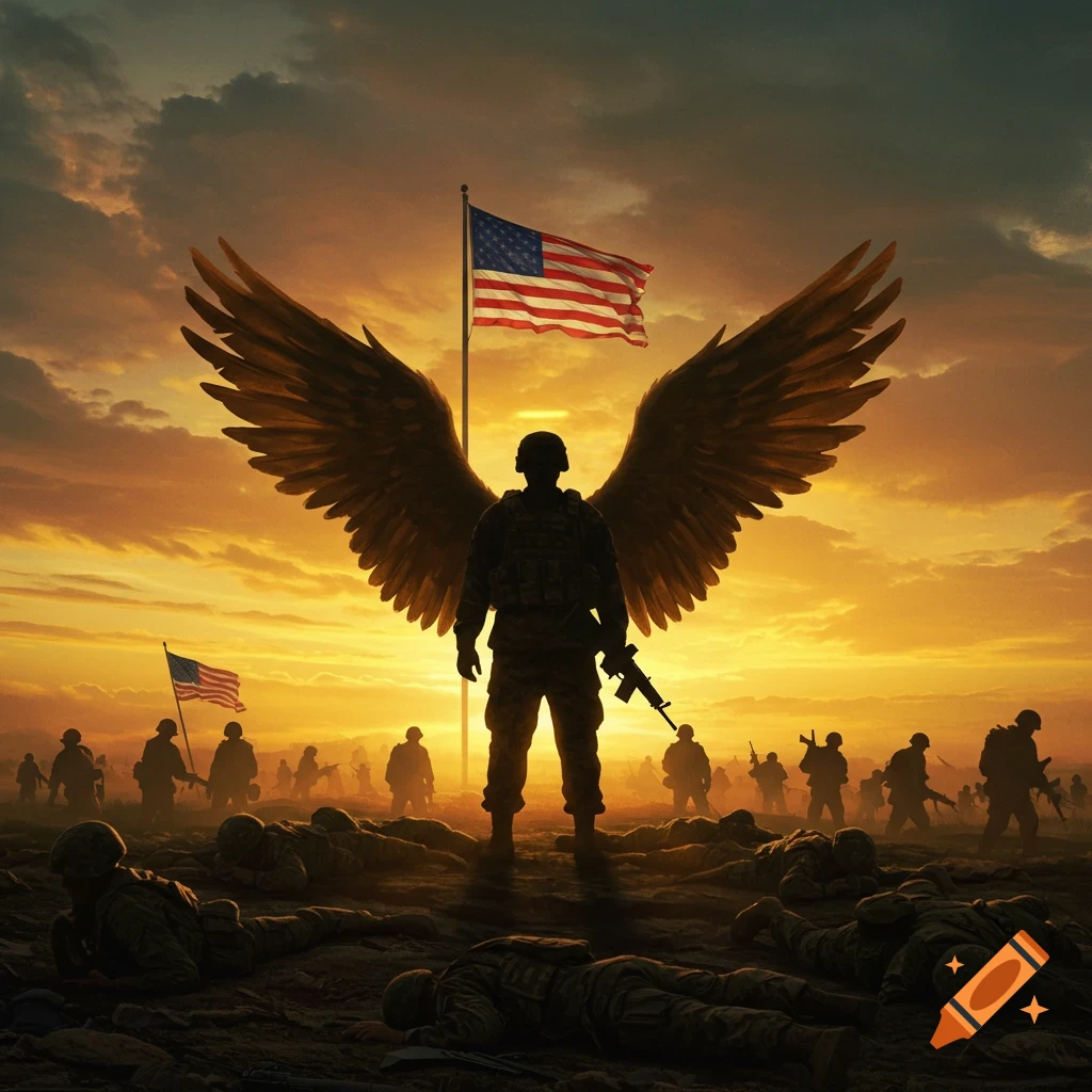 Silhouette of soldier with angel wings overlooking fallen soldiers with US flags at sunset.