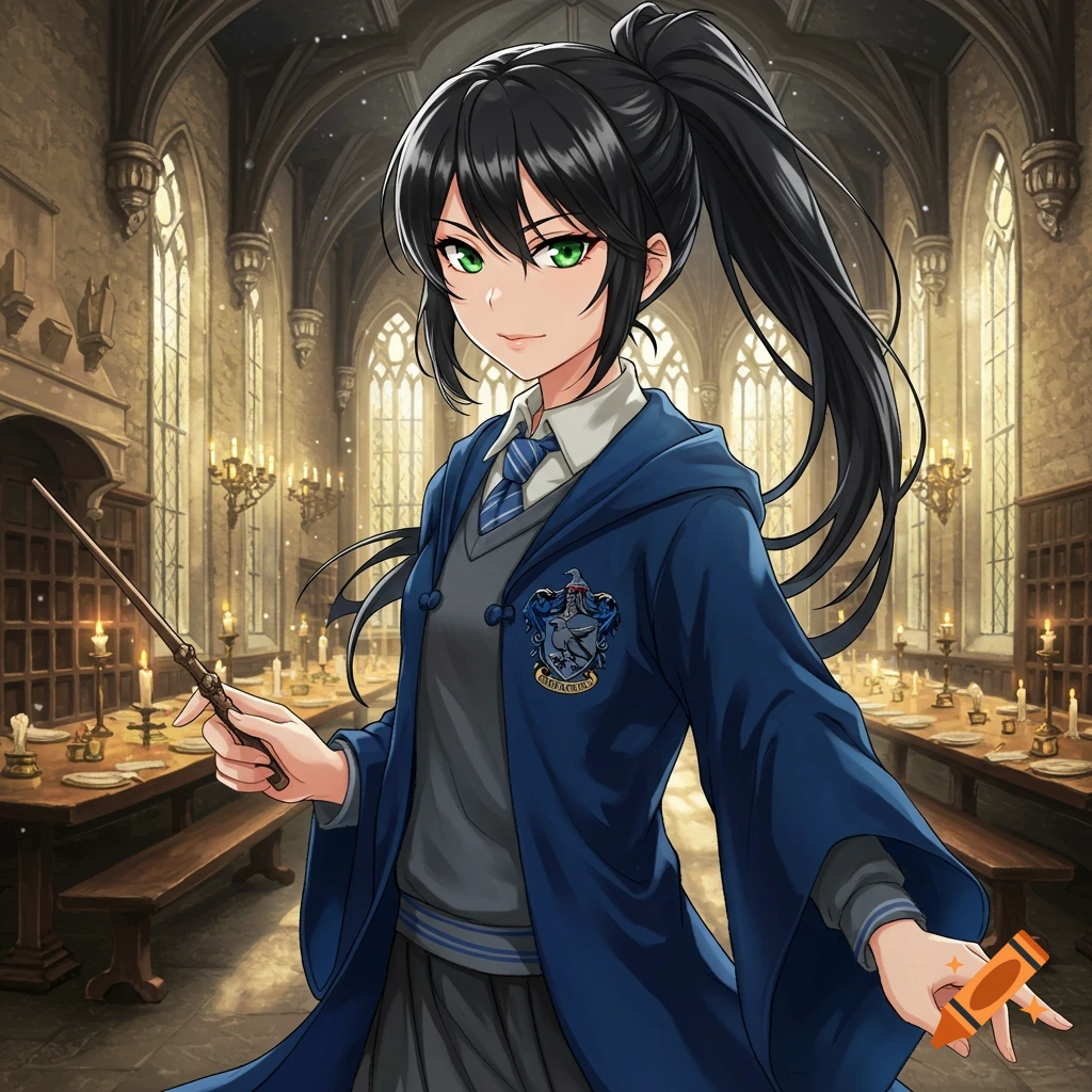Anime girl in Ravenclaw uniform holding a wand in the Great Hall.