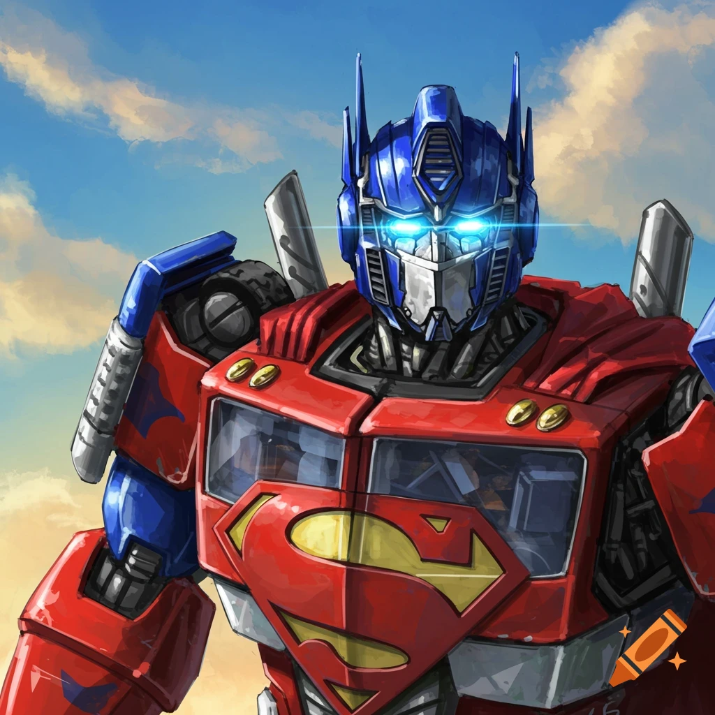 Optimus Prime wearing a red and blue Superman costume with the 'S' shield logo.