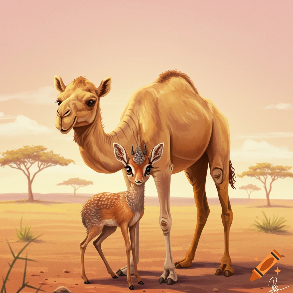 A camel and a small antelope in a desert landscape.