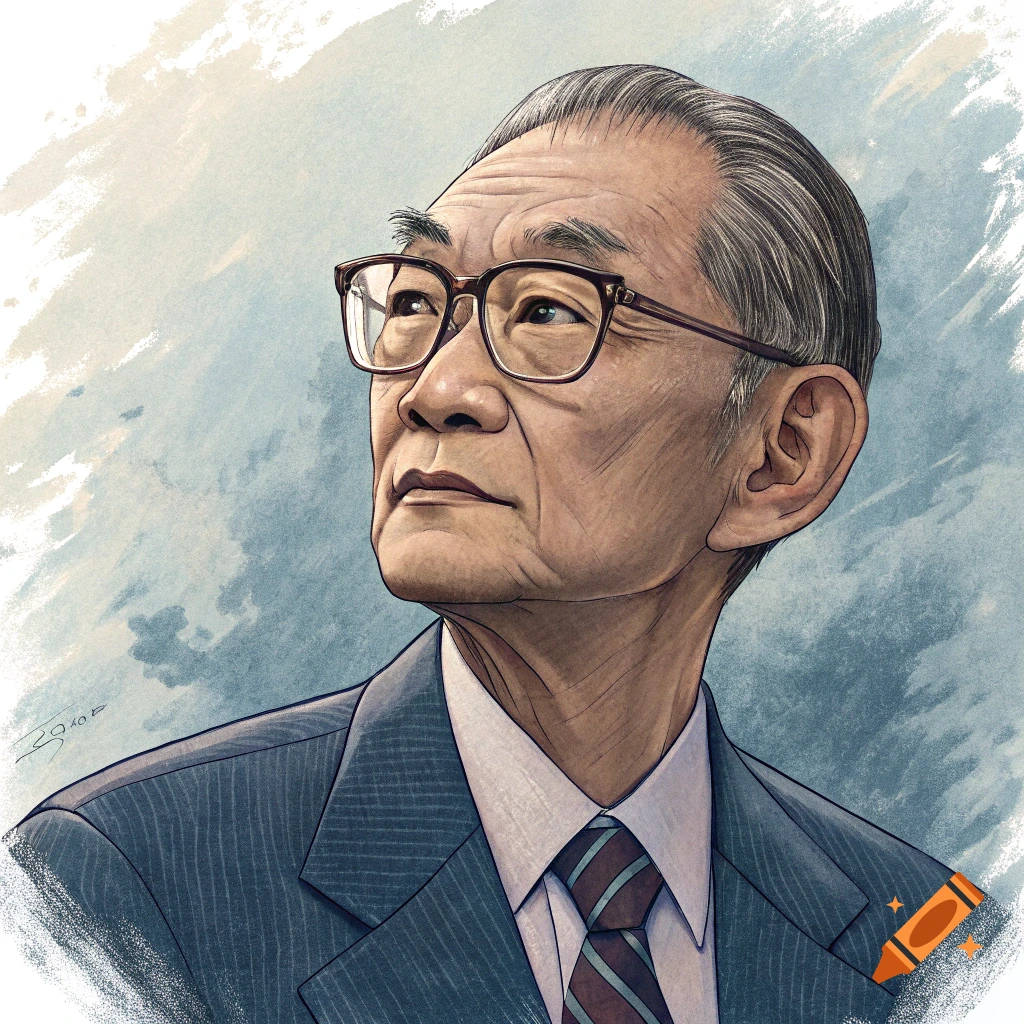 Illustration of an older Asian man in a suit and glasses looking up.