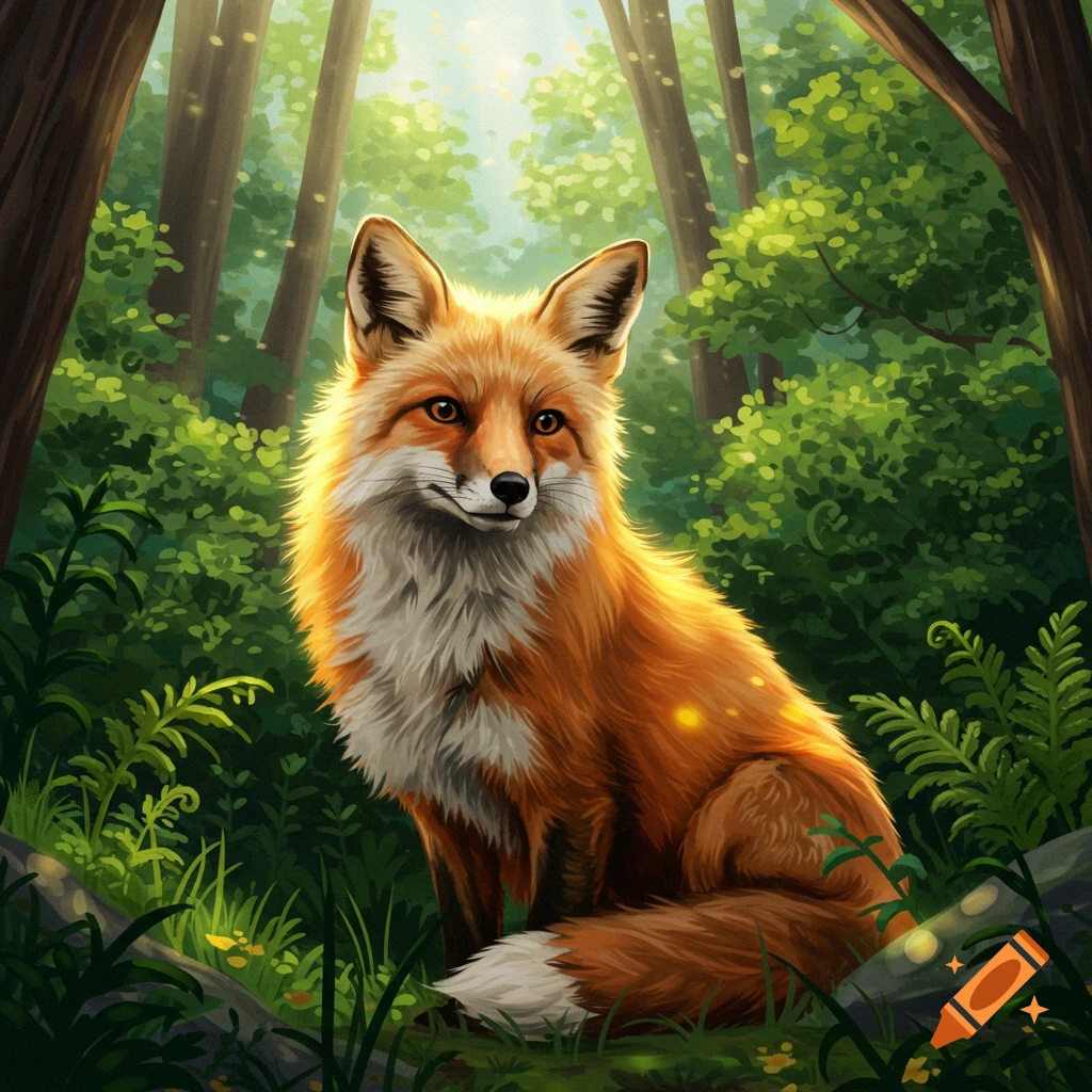 A fox sitting in a sunlit forest.