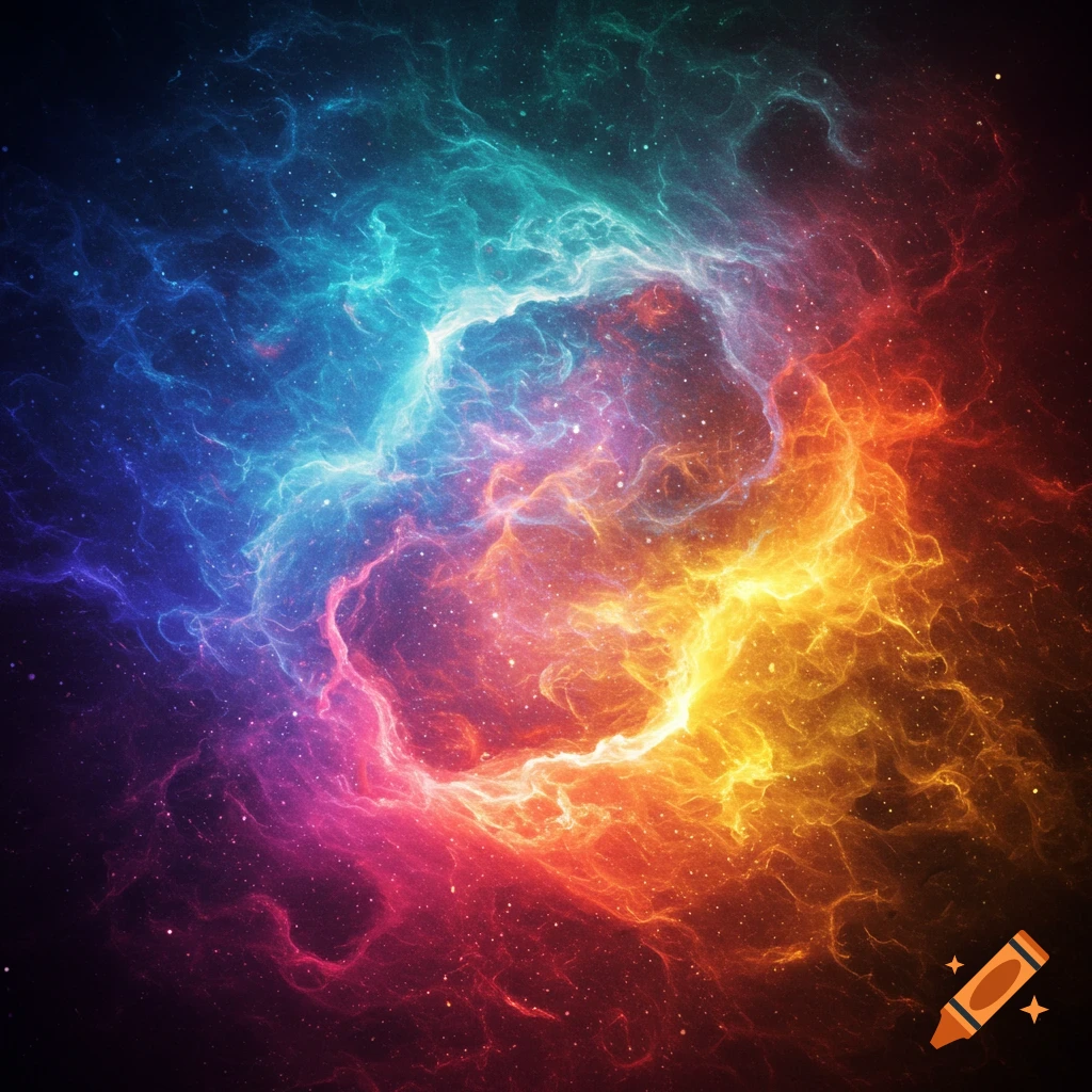 A vibrant abstract nebula of swirling colorful gas and stars.
