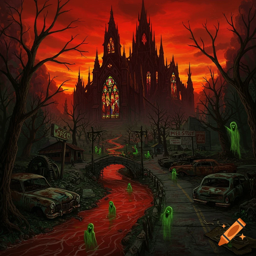 A gothic cathedral and ghosts in a dark landscape with a red river, decaying cars, and orange sky.