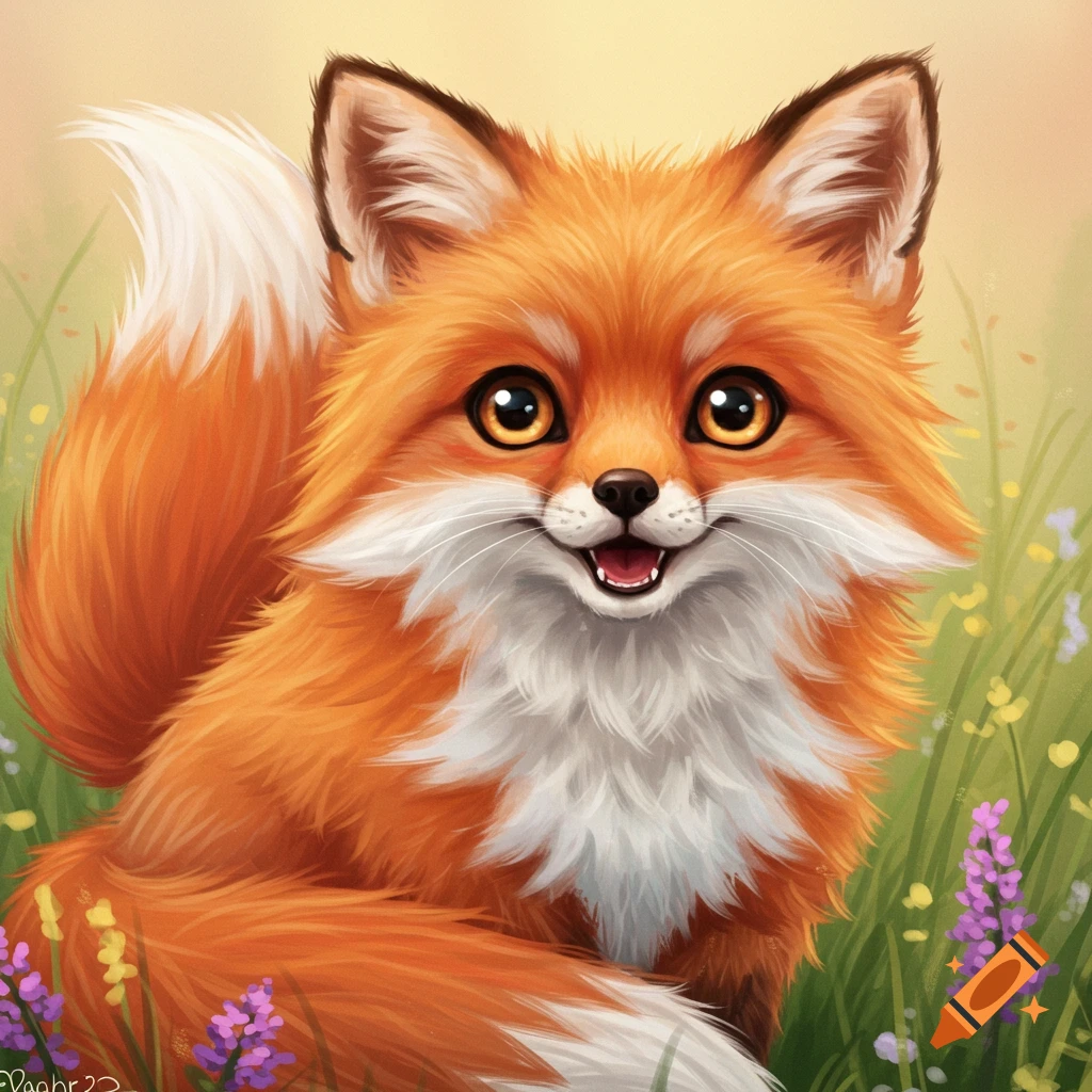 A cute red fox with big eyes sits in a grassy field with flowers.