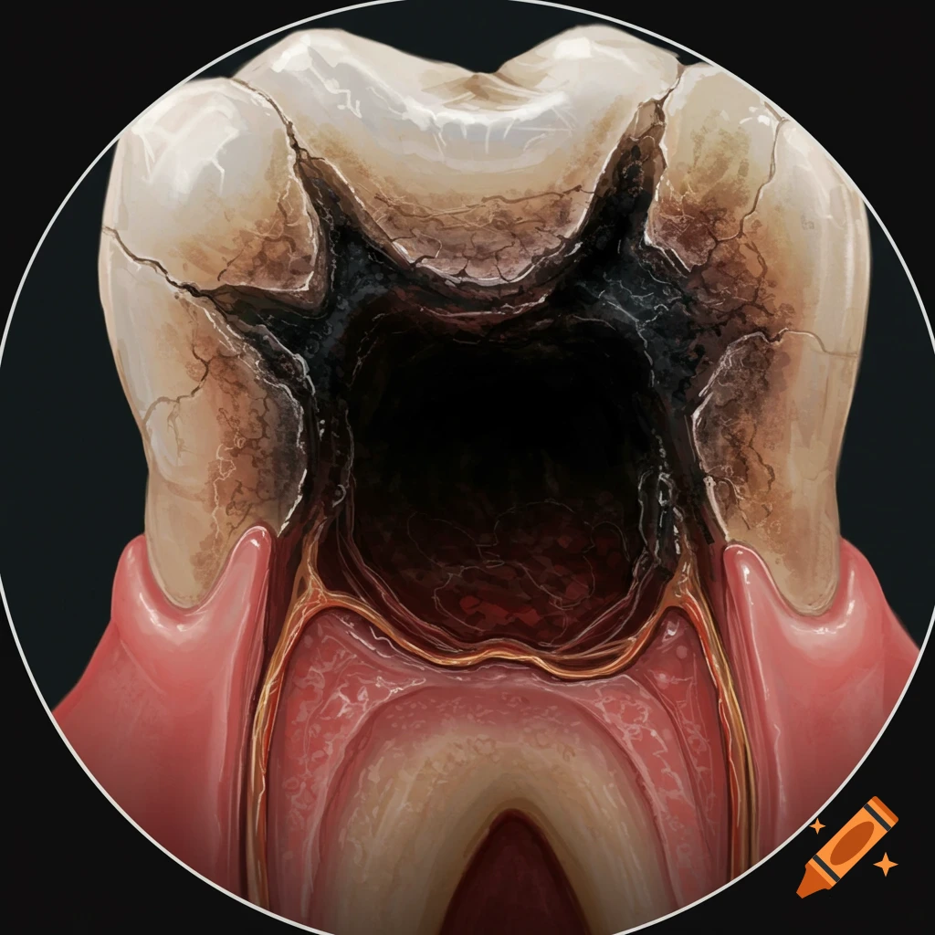 A tooth with a large, dark cavity and exposed roots.