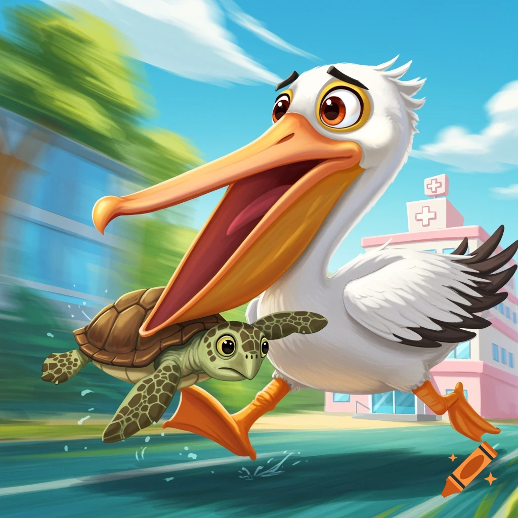 Cartoon illustration of a pelican running fast with a sea turtle in its beak towards a hospital.