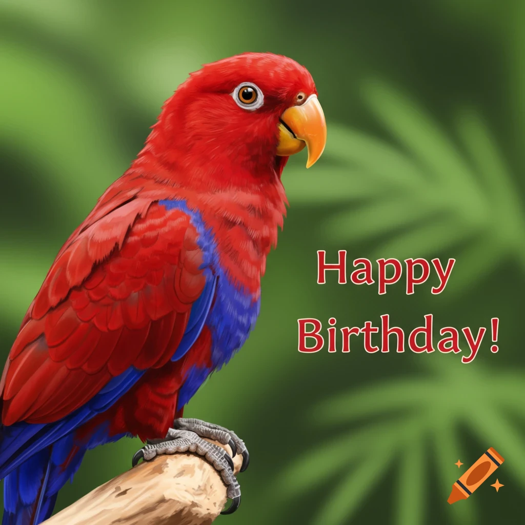 A red eclectus parrot is perched on a branch, with 'Happy Birthday!' text.