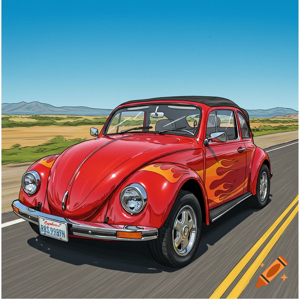 A red convertible VW Beetle with flames drives on a road through a desert landscape.