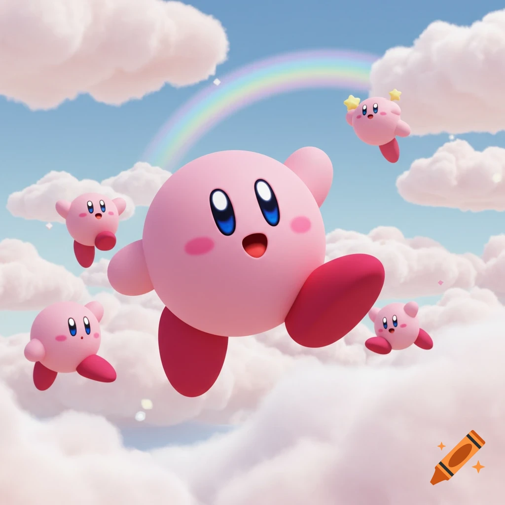 Kirby and other pink characters flying through pink clouds with a rainbow.