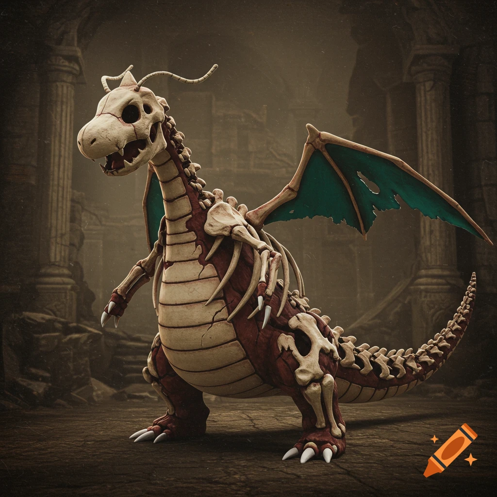 A skeletal dragon stands in ancient ruins