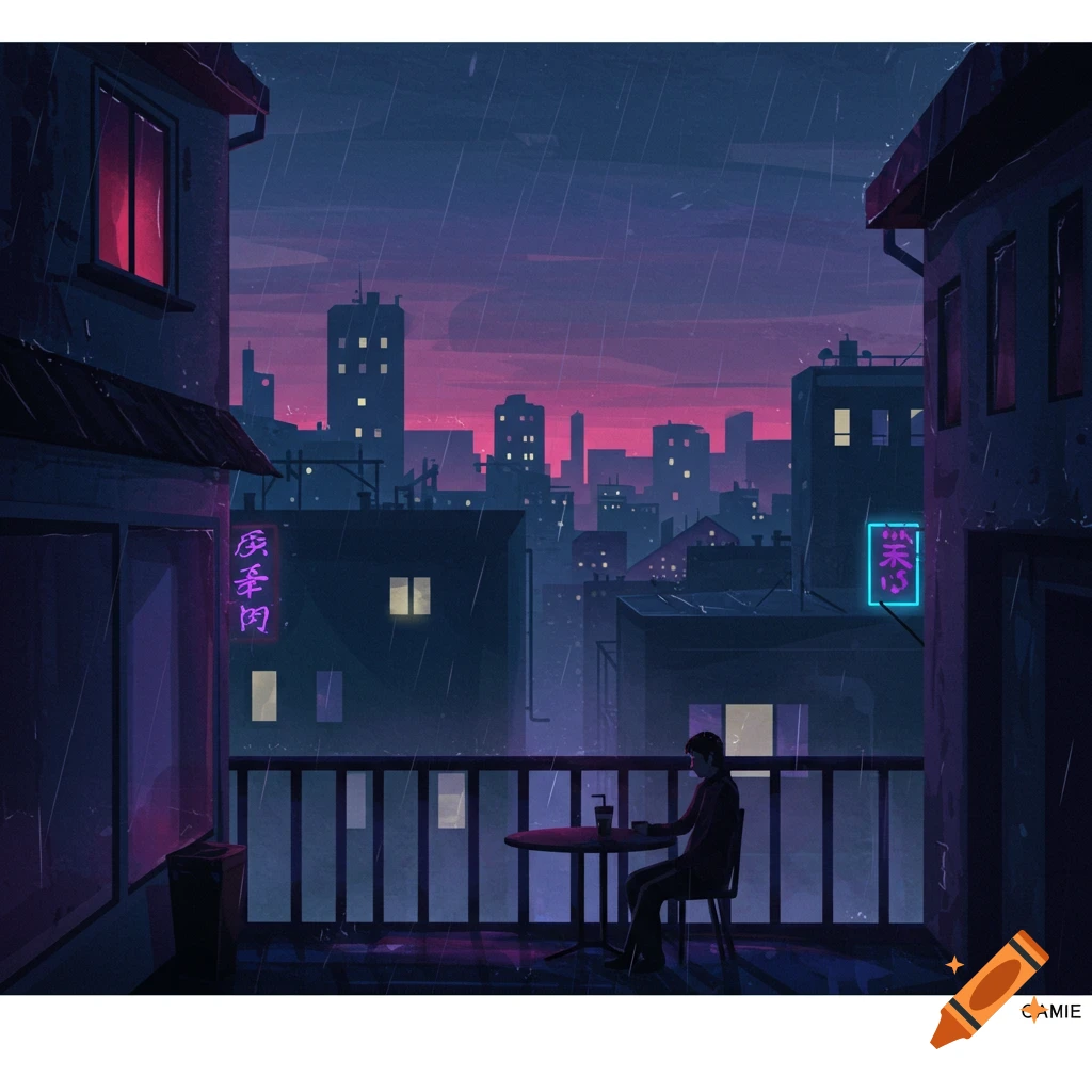 A person sits on a rainy city balcony at night, overlooking buildings with neon signs.