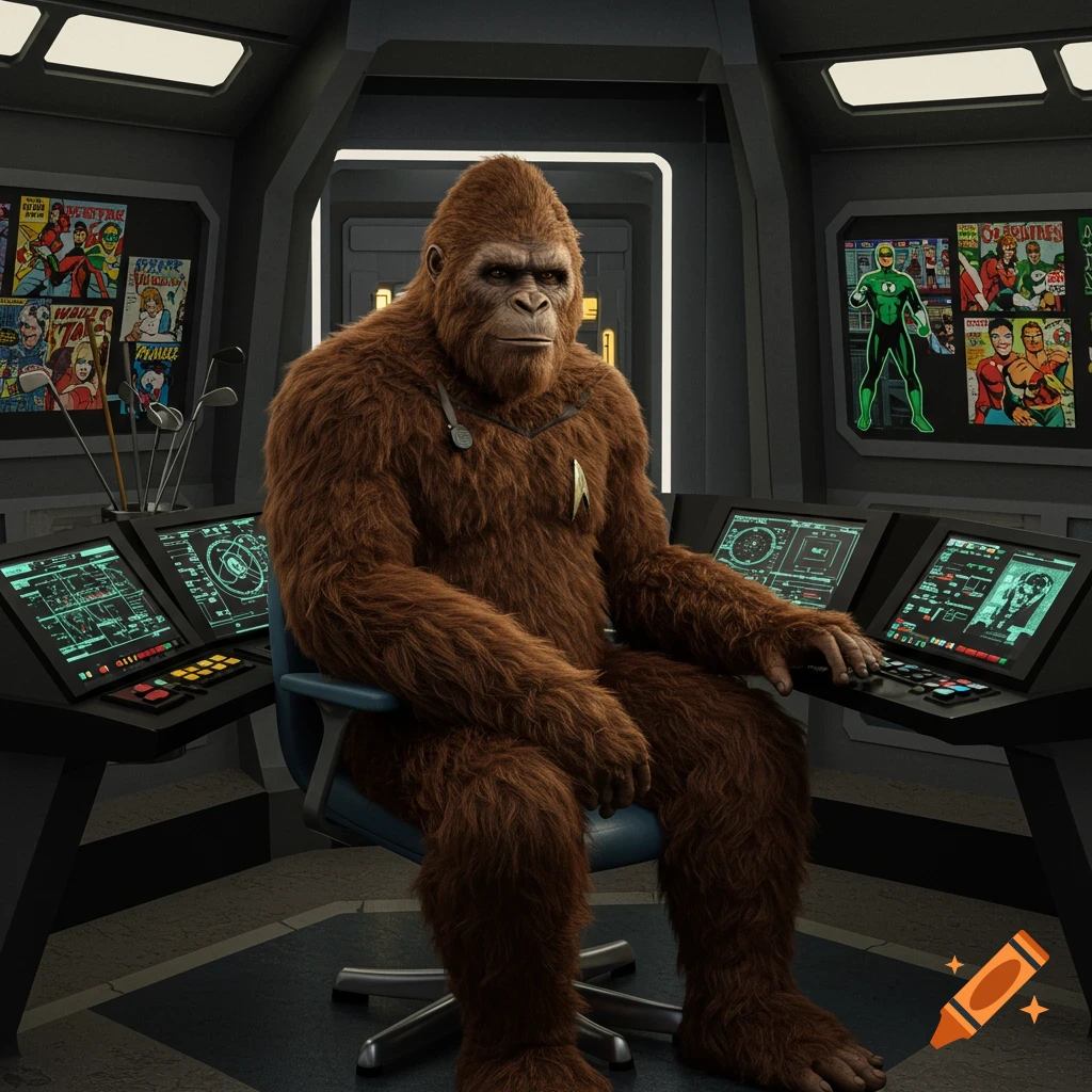 A furry Bigfoot sits at a futuristic Star Trek console, with comic book covers and golf clubs in the background. Photorealistic style.