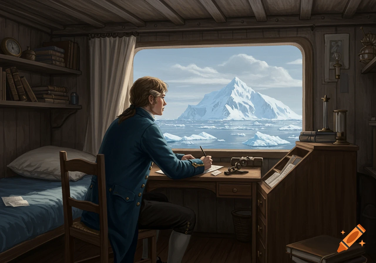 A 18th century captain writes at his desk in a ship cabin, looking at an icy arctic landscape through the window.