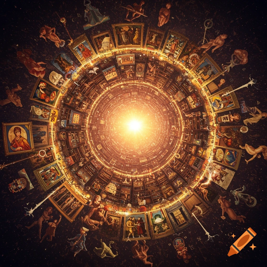 A glowing vortex surrounded by a ring of framed artworks, classical figures, and symbols in a dark, cosmic space.