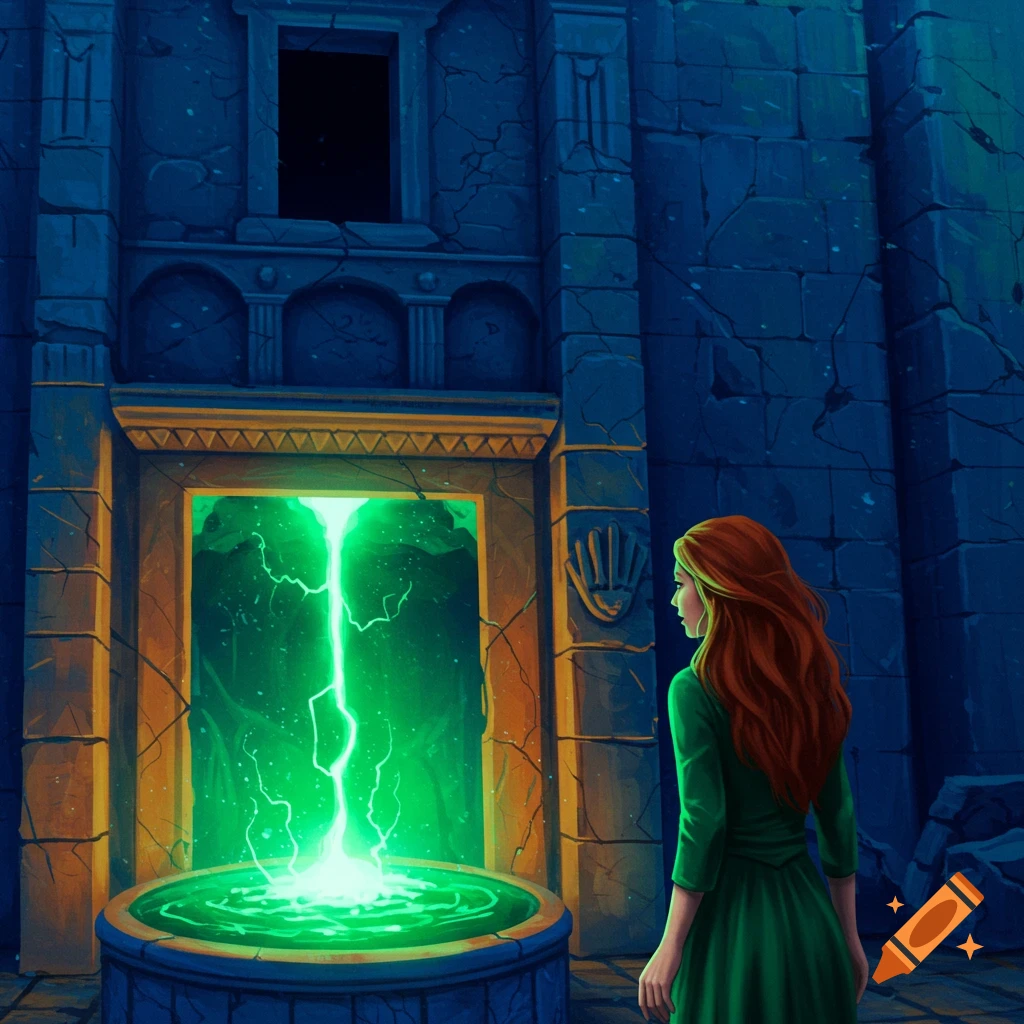 A woman looks at a glowing green plasma portal in an old building.