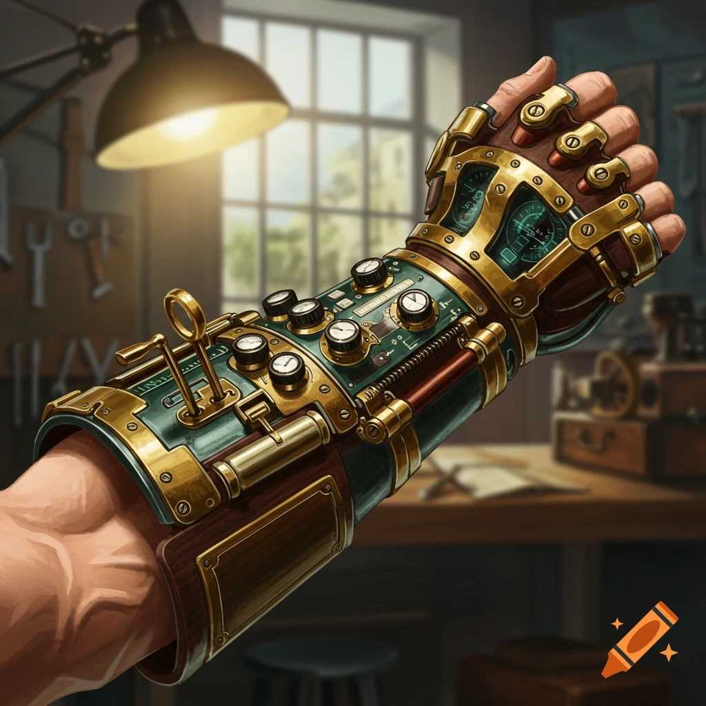 A forearm wearing an intricate steampunk control gauntlet with knobs and gauges in a workshop.