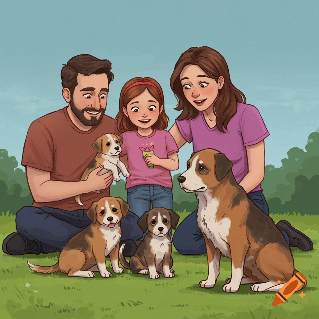 An illustration of a family with puppies and an adult dog sitting in the grass.