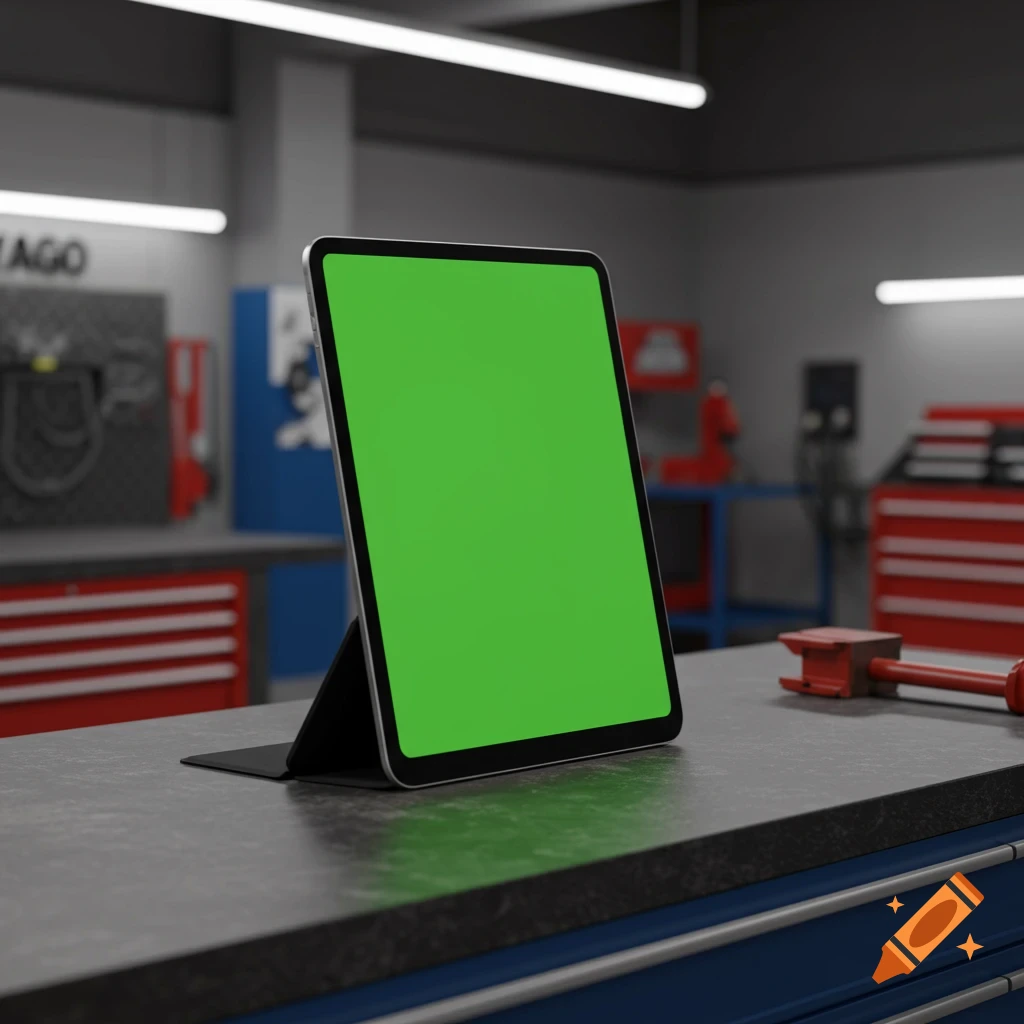 iPad mockup with green screen on a workbench in an automotive garage