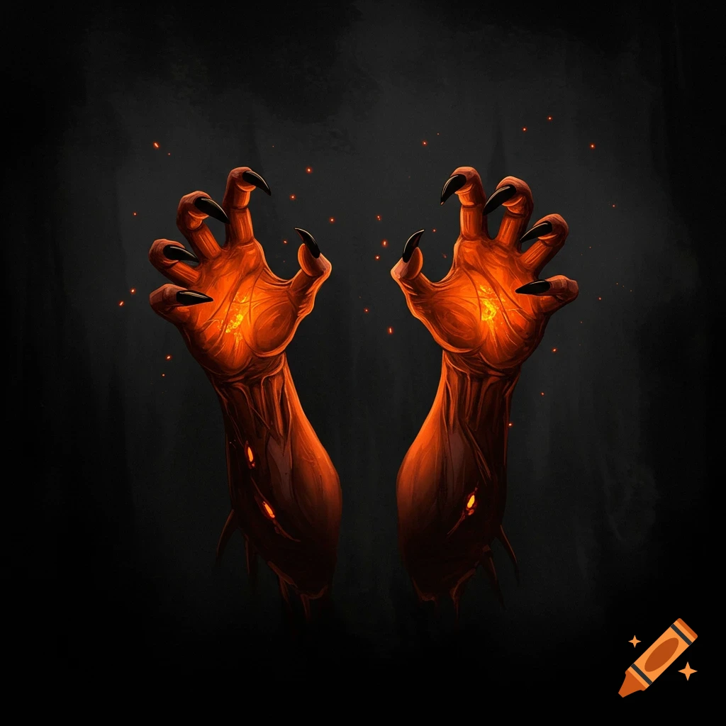 Orange monster hands with claws and glowing interiors reaching from darkness with embers.