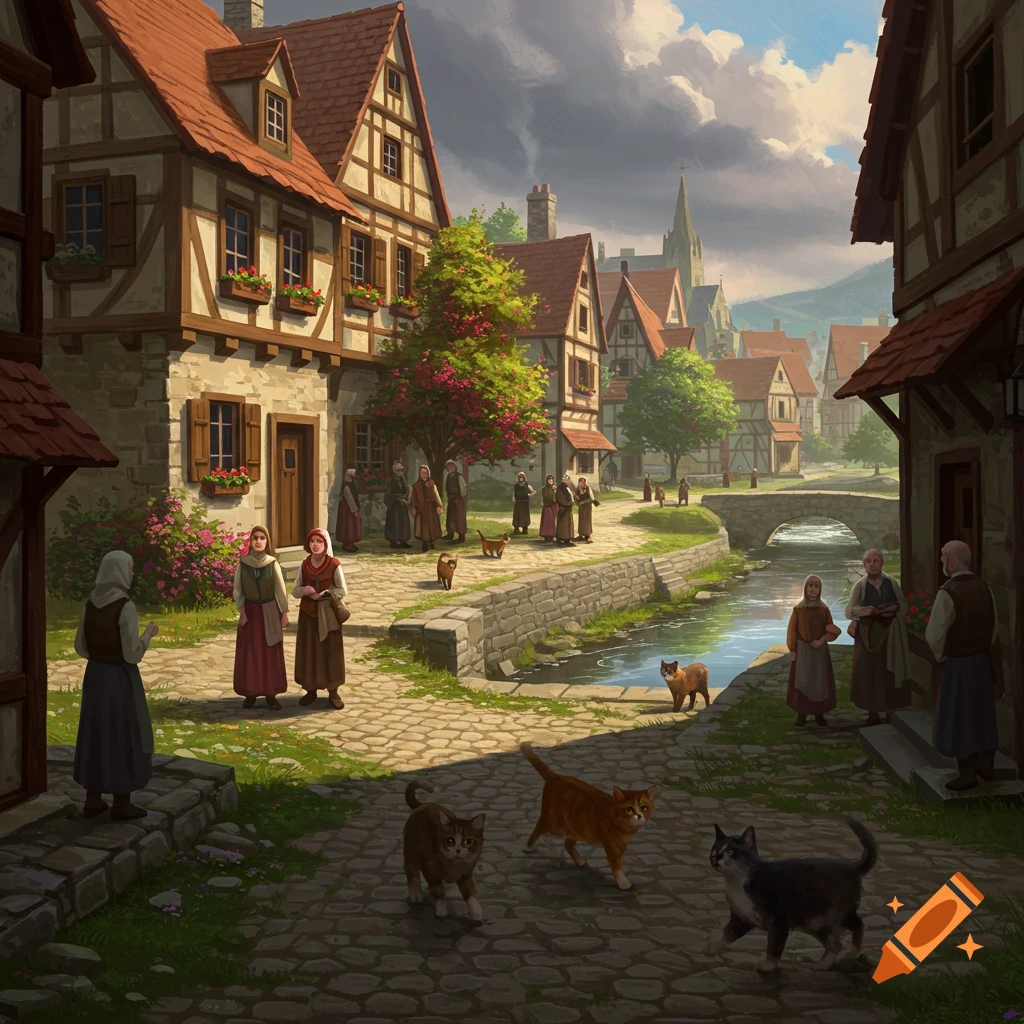 A medieval village with people, cats, and a river.