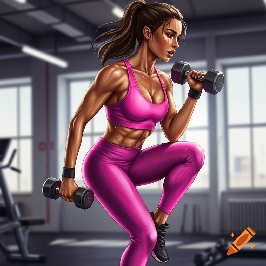 A muscular woman in a pink sports bra and leggings exercises with dumbbells in a gym.