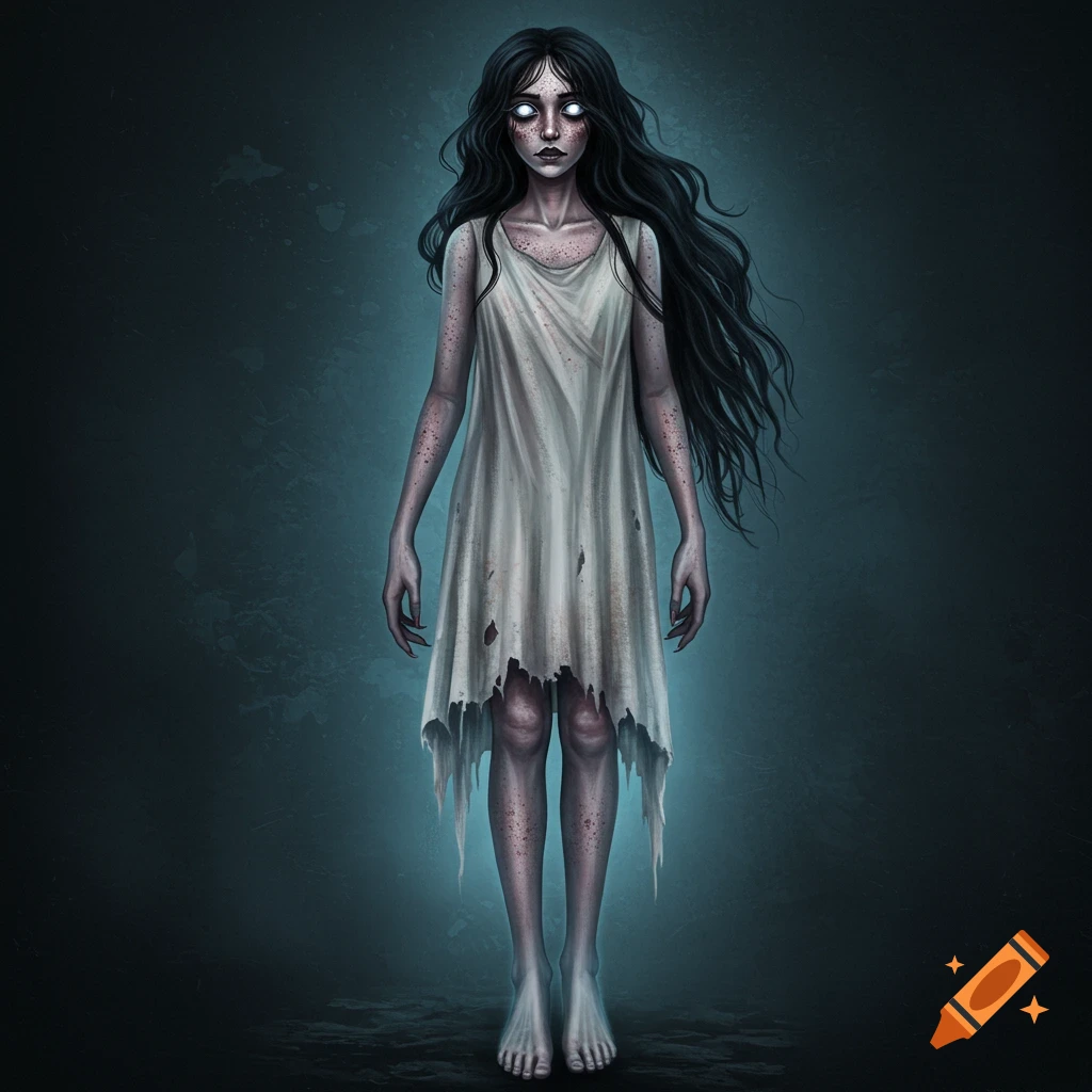 Pale ghost woman with long black hair and glowing eyes in a ragged white dress, digital art.