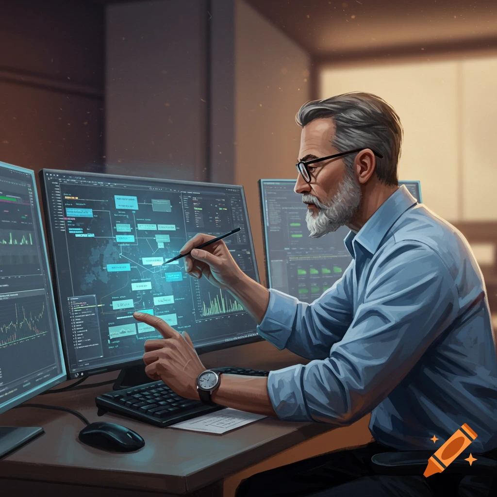 A man with a beard works at multiple computer screens displaying data.