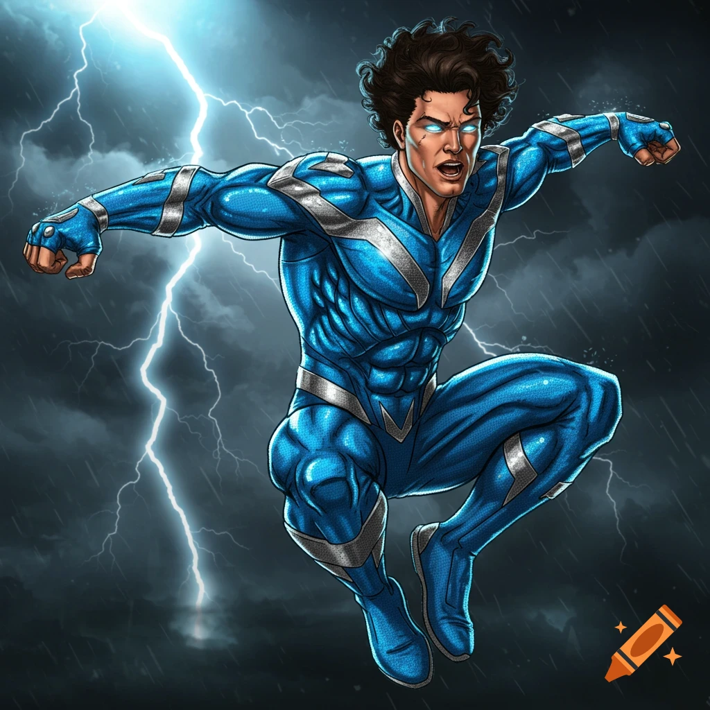 A male superhero in a blue and silver suit jumping with lightning behind him.