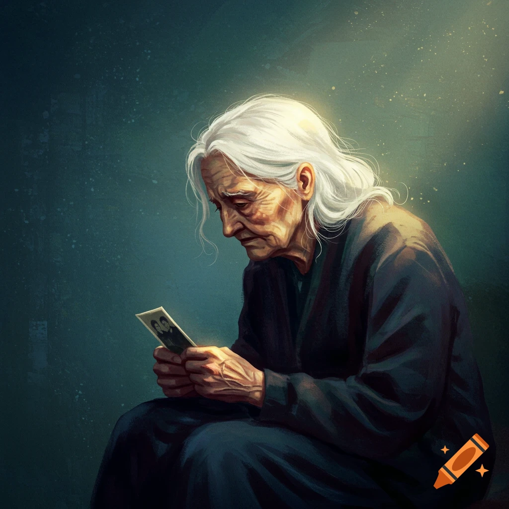 an elderly woman holding a photograph