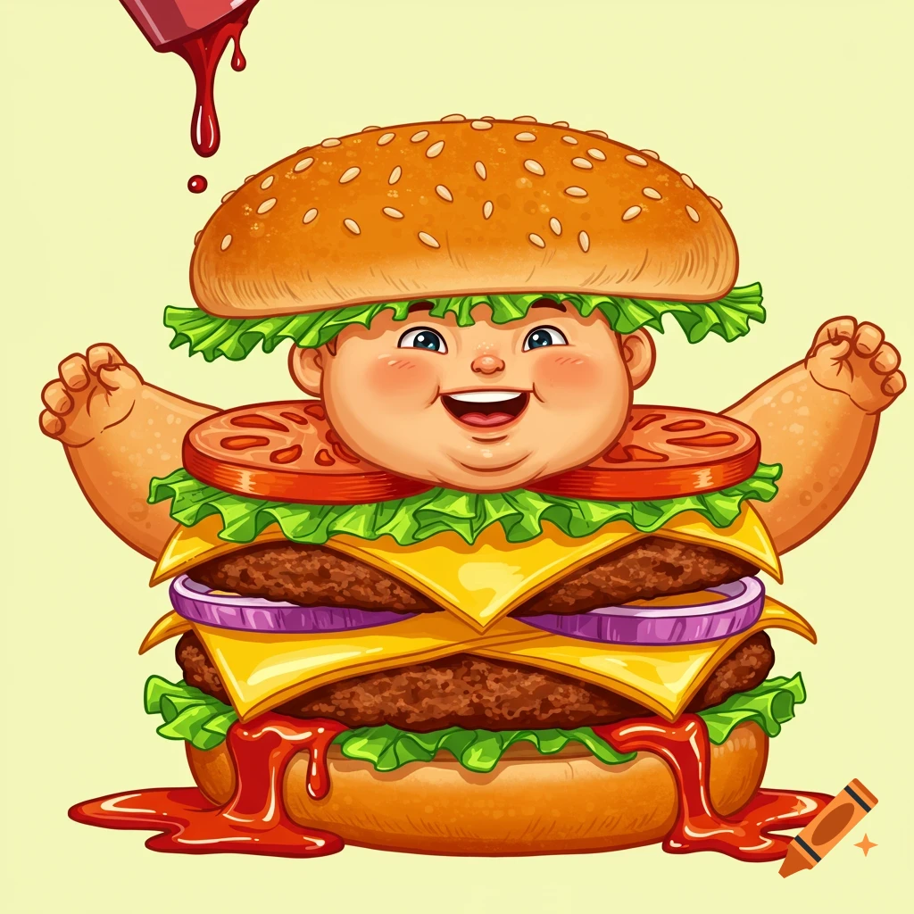 A cartoon boy inside a large double burger