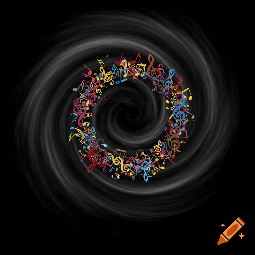Colorful music notes swirl in a dark vortex against a black background