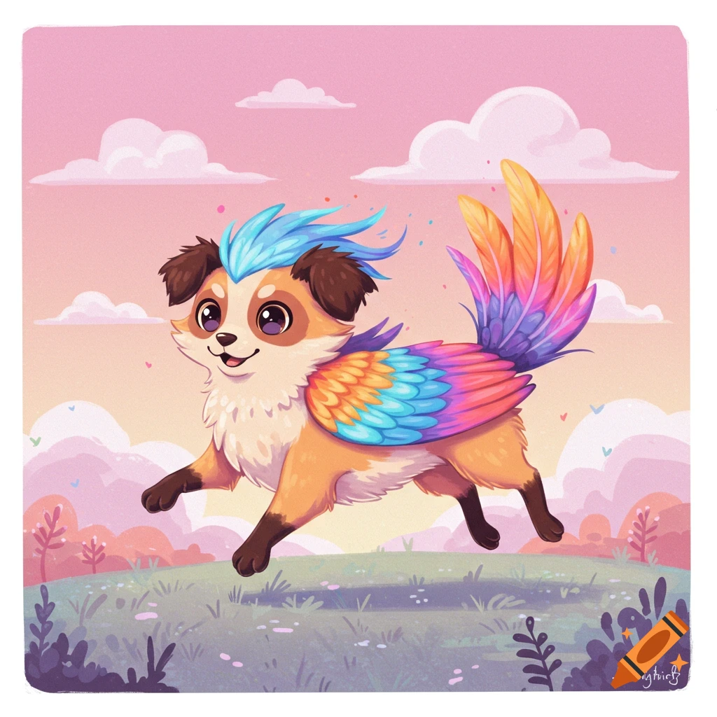 Cute fantasy dog bird with colorful wings and tail running through a field.