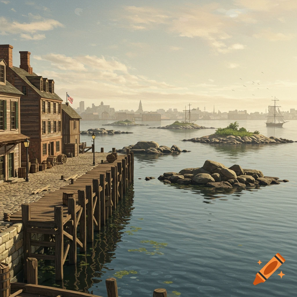 A colonial waterfront with buildings, pier, islands, ships, and a distant city skyline.