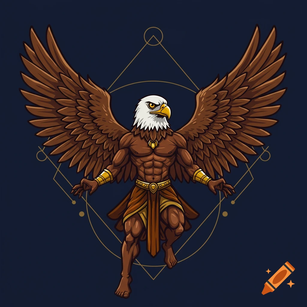 Vector art illustration of an eagle-headed human figure with wings.