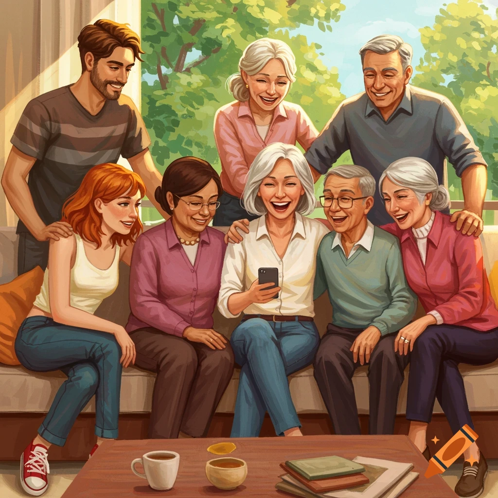 A multi-generational family is laughing together while looking at a phone on a couch.