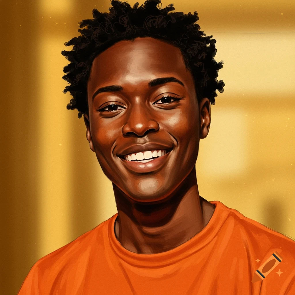A portrait of a smiling Black man in an orange shirt against a golden background.