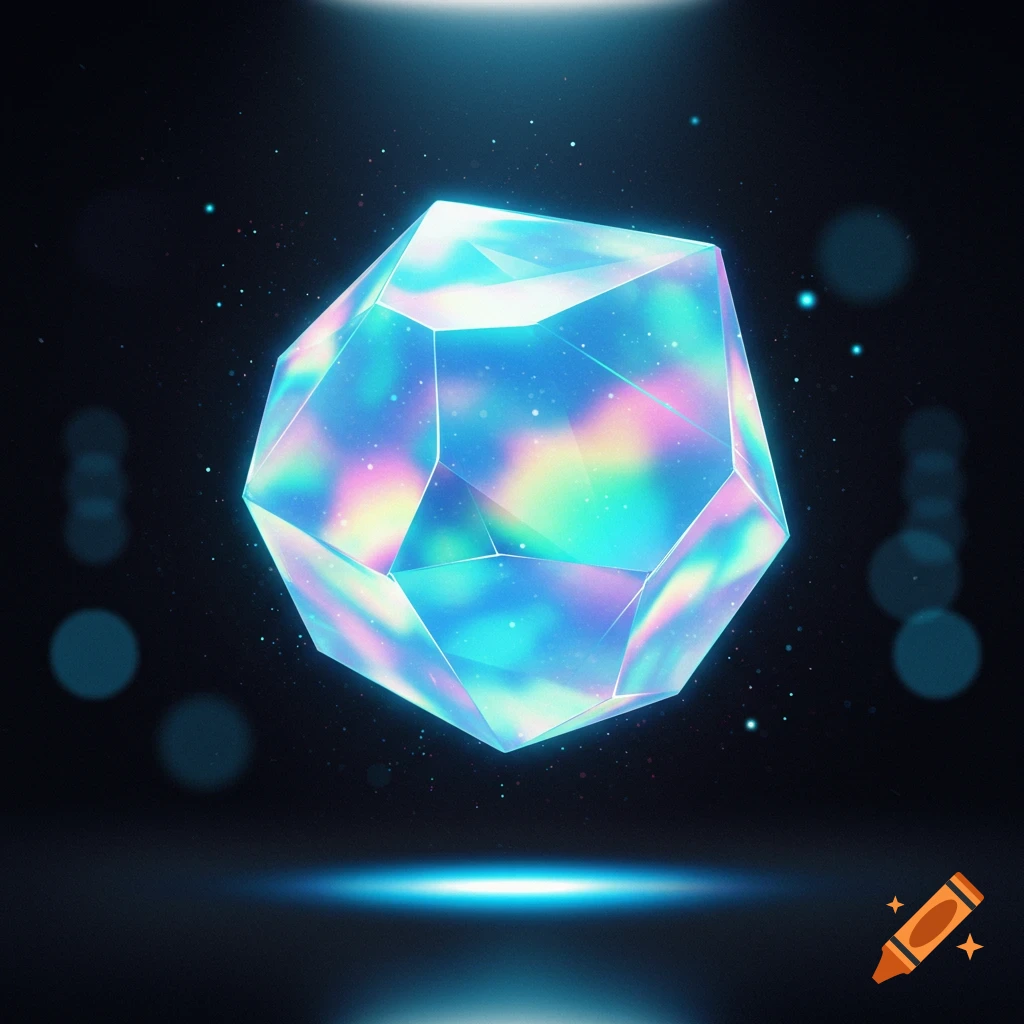 A faceted, iridescent gem floats in a dark space with blue light and particles.