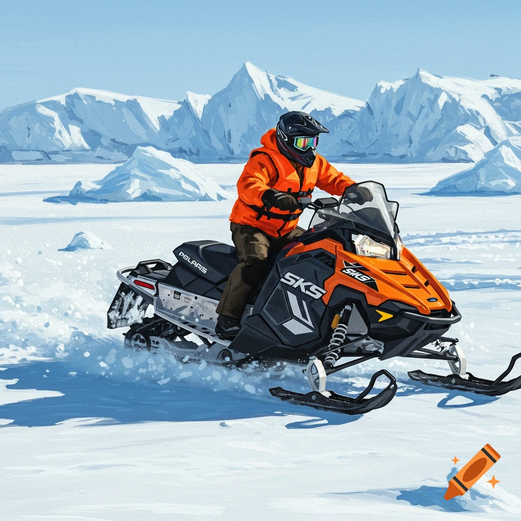 A person on a Polaris SKS snowmobile in a snowy mountain landscape