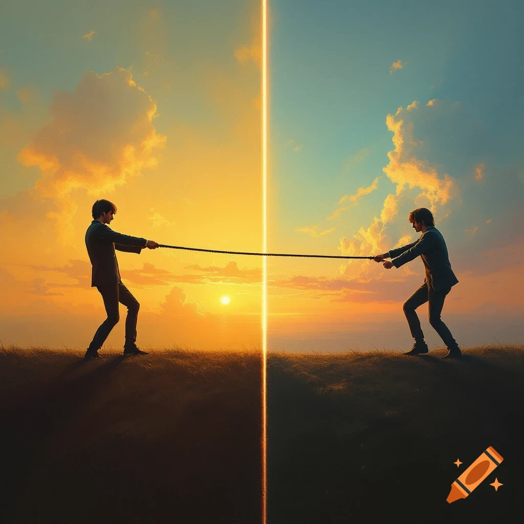 Two figures pulling a rope across a vertical light beam dividing a landscape with a warm sunset on the left and a cool sky on the right.