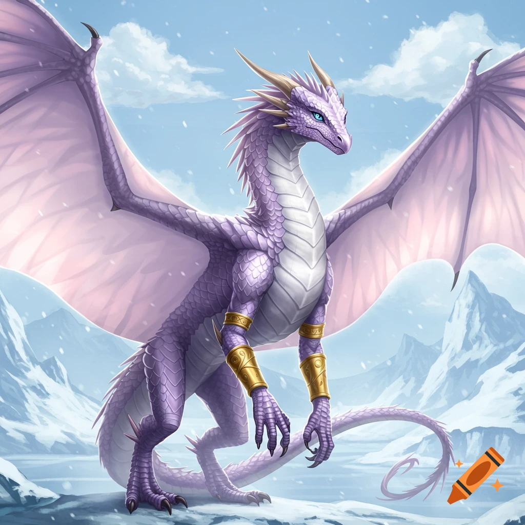 A purple fantasy dragon stands in a snowy mountain landscape.