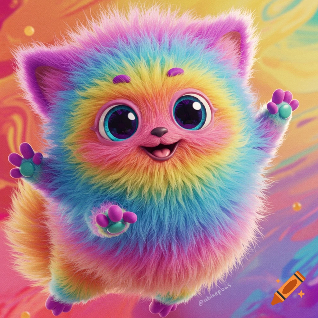 A cute, fluffy creature with rainbow-colored fur and big eyes waves against a colorful background.